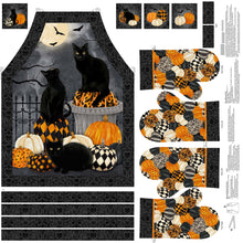 Load image into Gallery viewer, Northcott Hallow's Eve Black Cat/Pumpkins Digital Apron & Mitts 27081-99, Little Turtle Cottage