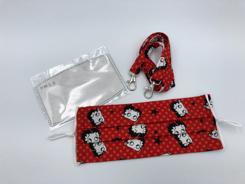 Face Mask 4 layer Pleated - adjustable, with Filter Pocket & Nose Wire, Lanyard, Betty Boop - Little Turtle Cottage
