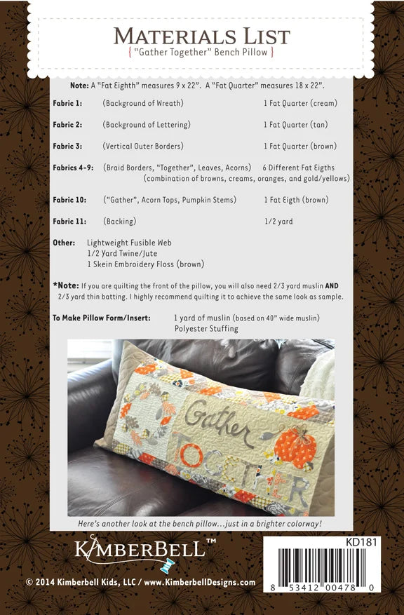 Kimberbell Designs Gather Together Bench Pillow Pattern Sewing Versi Little Turtle Cottage