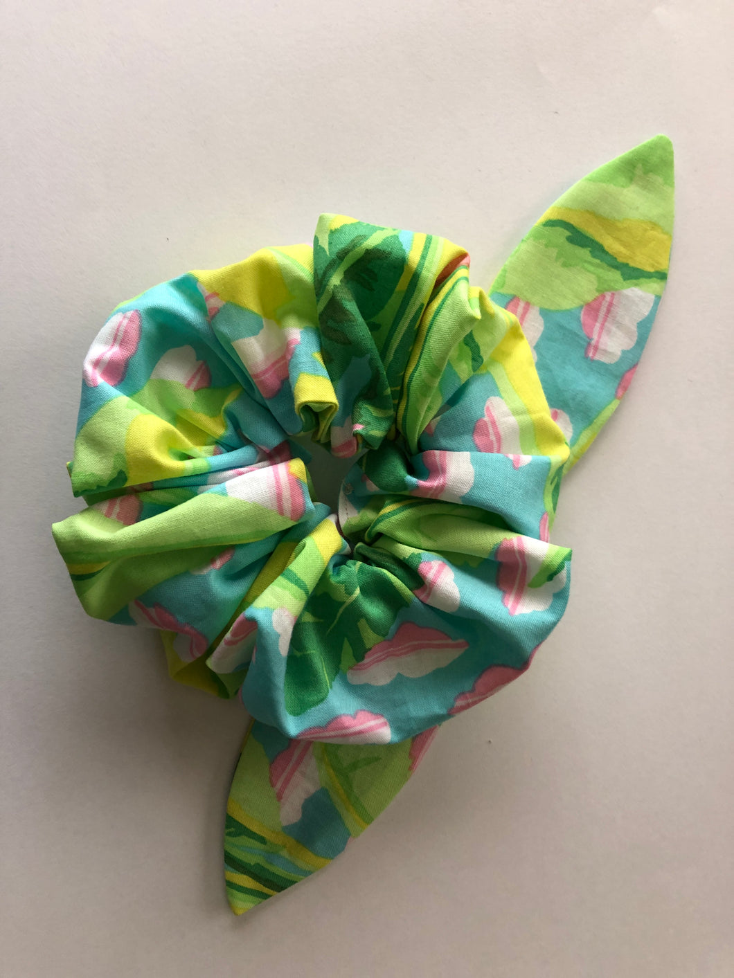 Large Hair Scrunchie with attachable bunny ears bow, Kaffe Fassett fabric, Cool Banana Tree