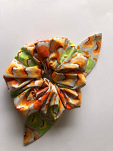 Load image into Gallery viewer, Large Hair Scrunchie with attachable bunny ears bow, Kaffe Fassett fabric, Cool Garlands Tawny