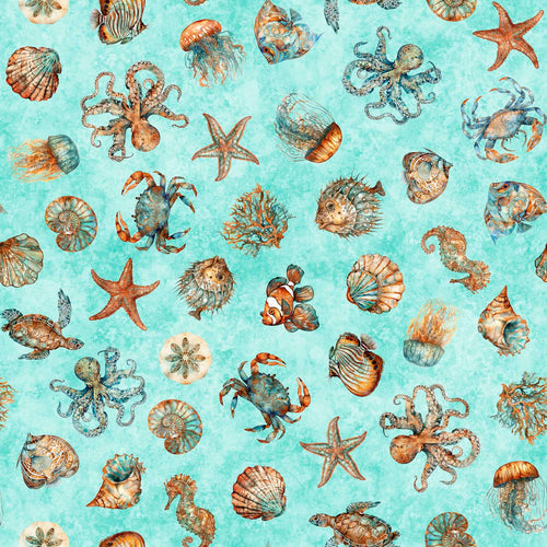 Atlantis by QT Fabrics, Sea Creature Toss Lt Turquoise, Little Turtle Cottage