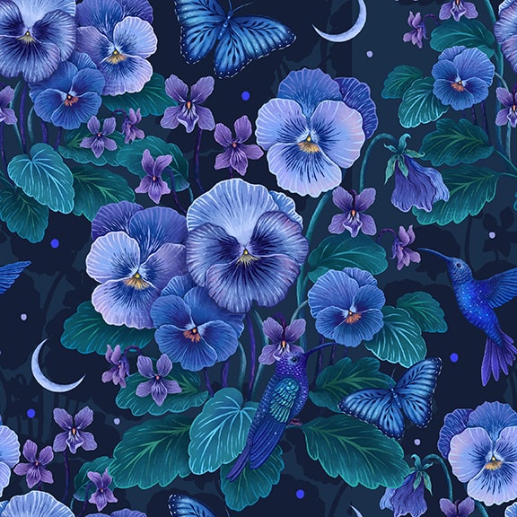 Jardin de Lune Glow from Blank Quilting, Pansy w/Hummingbird 3824G-99, Little Turtle Cottage