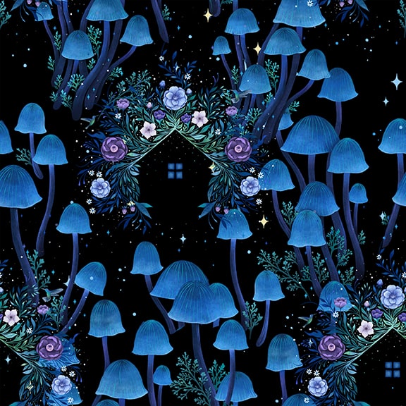 Jardin de Lune Glow from Blank Quilting, Mushrooms w/Houses 3829G-99, Little Turtle Cottage