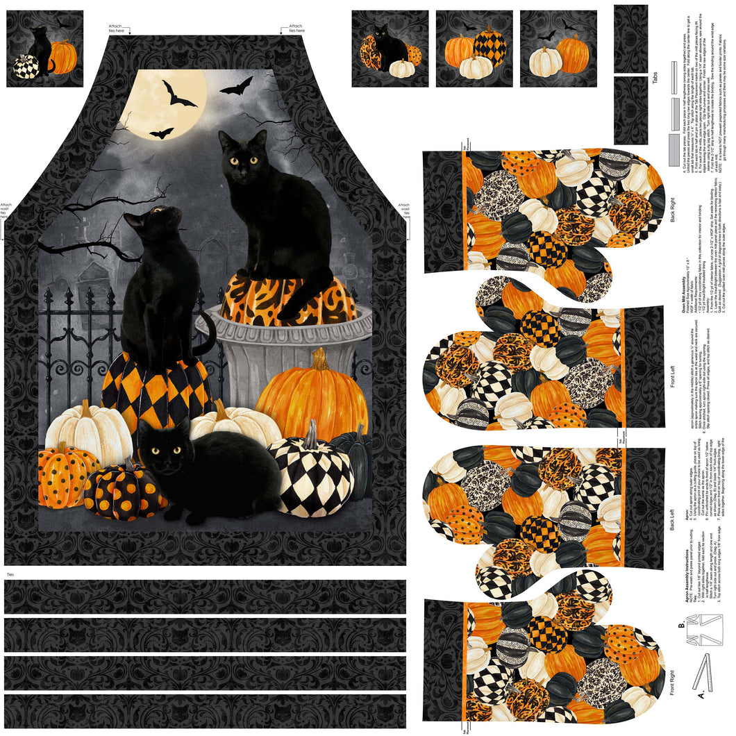 Northcott Hallow's Eve Black Cat/Pumpkins Digital Apron & Mitts 27081-99, Little Turtle Cottage