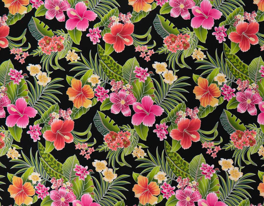 Hawaiian Tropical Hibiscus Flowers, Plumeria Flowers, Palm Leaves, KK-017 by the yard