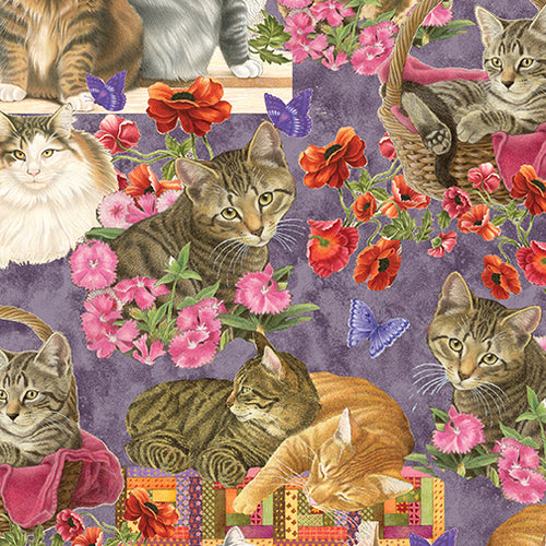 Cats N Quilts from Benartex, Allover Eggplant Multi 10461 65 - Little Turtle Cottage
