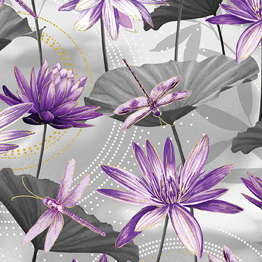 Dance of the Dragonfly by Kanvas Studio for Benartex, Waterlily Pool Gray/Purple 8499M 11 - Little Turtle Cottage