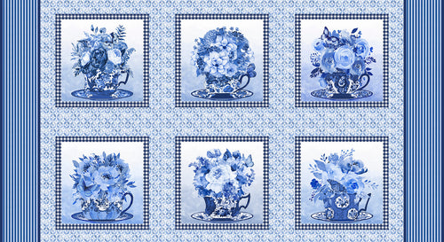 Blank Quilting Blue Jubilee Blocks with Teacups and Flowers - Little Turtle Cottage