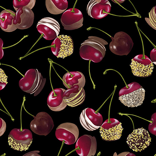Chocolicious by Kanvas Studio for Benartex, Chocolate Cherries Black 9850-12 - Little Turtle Cottage