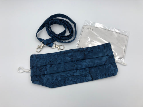 Face Mask 4 layer Pleated - adjustable, with Filter Pocket & Nose Wire, Lanyard, Blue Batik - Little Turtle Cottage