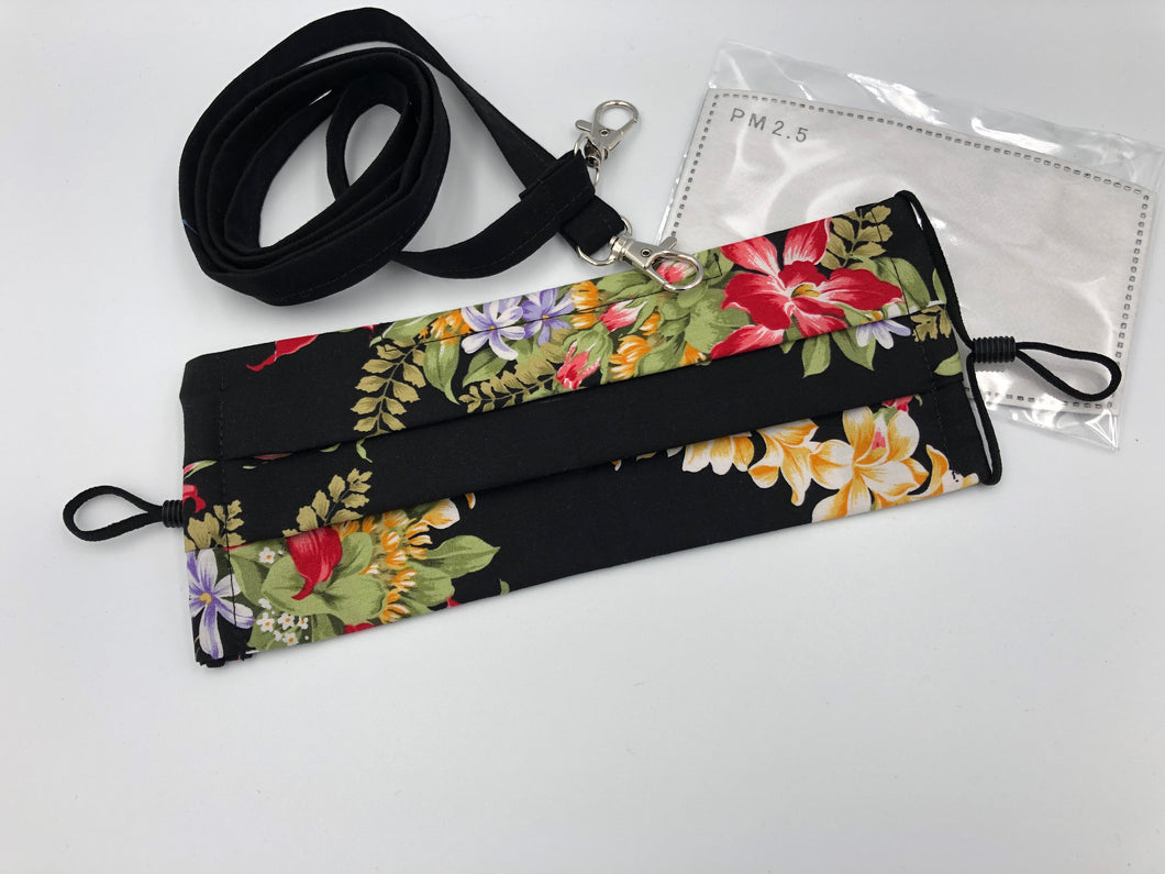 Face Mask 4 layer Pleated - adjustable, with Filter Pocket & Nose Wire, Lanyard, Hawaiian Floral - Little Turtle Cottage
