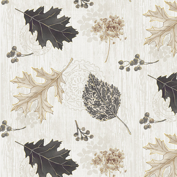 Fall Potpourri by Henry Glass Metallic Tossed Leaves Gray 230M-39, by the yard
