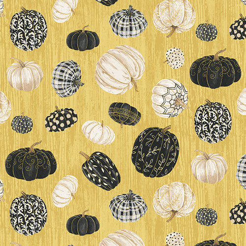Fall Potpourri by Henry Glass Metallic Tossed Pumpkins Mustard 232M-49 - Little Turtle Cottage