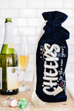 Load image into Gallery viewer, Kimberbell Fill In The Blank Velvet Wine Bags Set of 2 Navy “Cheers to the New Year!” Ltd Edition - Little Turtle Cottage
