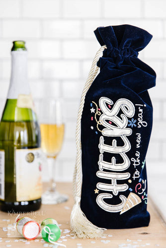 Kimberbell Fill In The Blank Velvet Wine Bags Set of 2 Navy “Cheers to the New Year!” Ltd Edition - Little Turtle Cottage