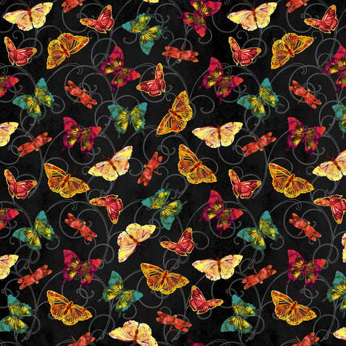 Poppy Days Butterflies Tossed Black Background by Studio E 5414-99 - Little Turtle Cottage