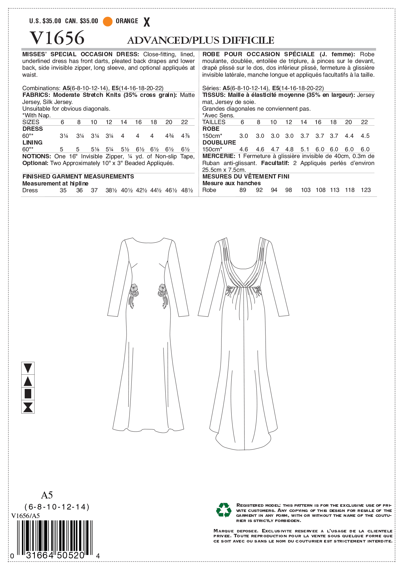 Vogue Pattern V1656 Misses Dress