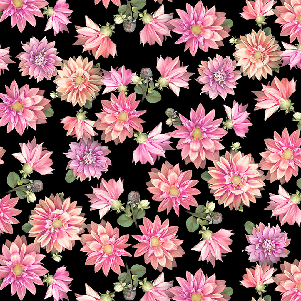 Tina's Garden Digital Tossed Dahlias Pink by Clothworks Y3679-42 - Little Turtle Cottage